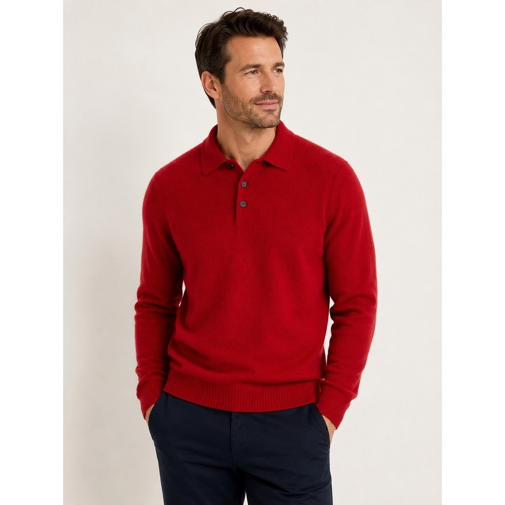 T. Harris London 100% Cashmere Polo Sweater Men's L Red Long Sleeve Luxury Knit